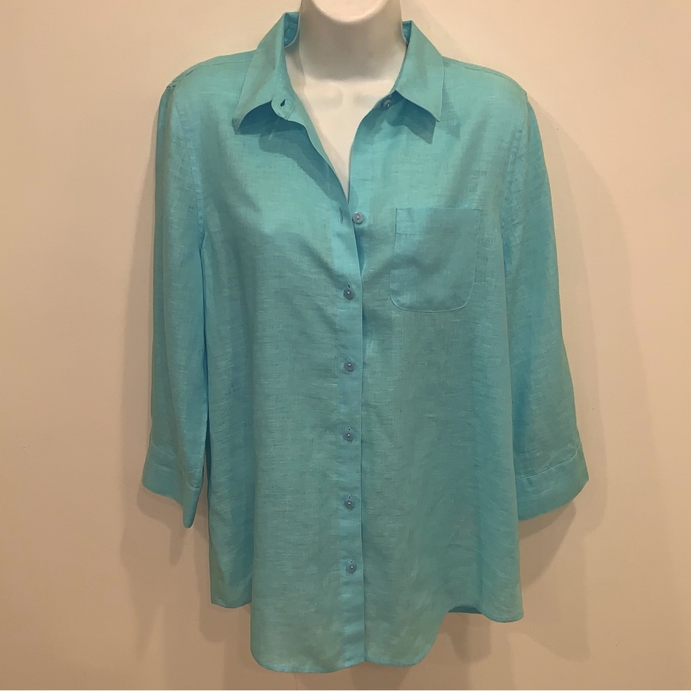 Chico’s 100% Linen Blouse/No Iron/3/4 Sleeve/Collar/Buttons/Lt Blue/0(Small)/EUC